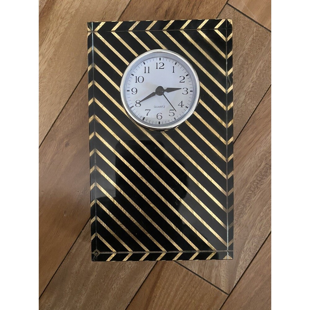 NEW Nicole Miller Home Glass Desk Clock Striped Gold Black